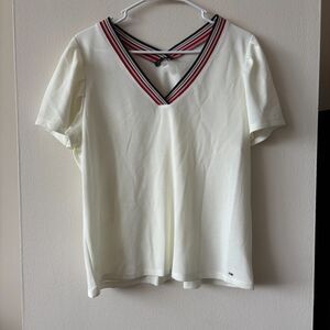Tommy Hilfiger Cream Short Sleeve V-Neck Top - Size XL